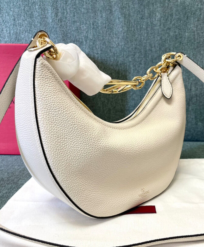 Valentino Small Vlogo Moon Hobo Bag In Grainy Calfskin With Chain